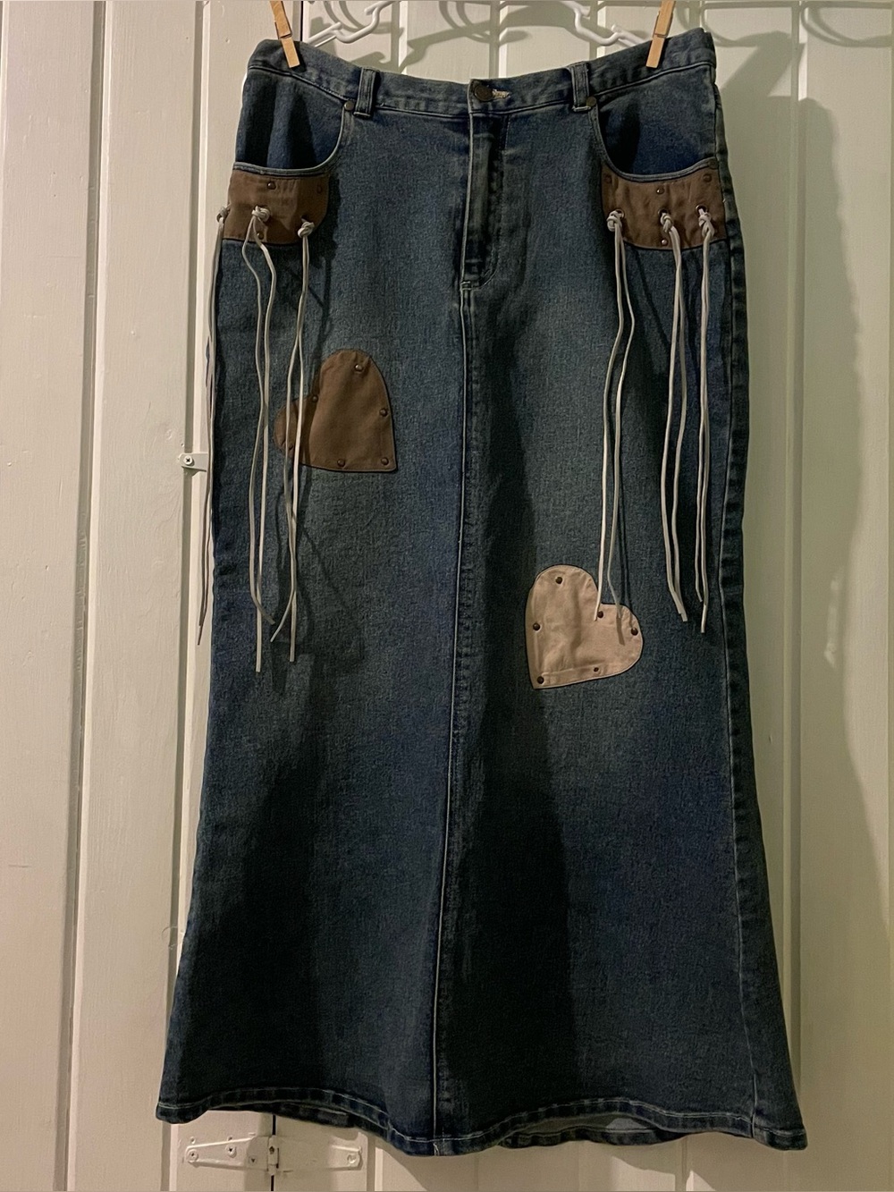 Y2K Solo Jeans Patchwork Denim Maxi Skirt Heart Patch Lace-Up Size 12 EUC